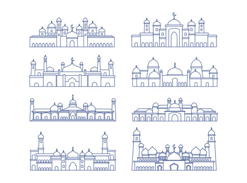 Line style illustration set featuring various grand mosque designs with elegant domes, minarets, and Islamic architectural details