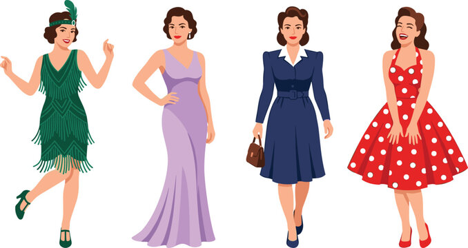 Vintage Fashion History Women Character Set Illustrating Twentieth Century Dresses Including 1920s Flapper 1930s Evening Gown 1940s Utility Suit and 1950s Pinup Rockabilly