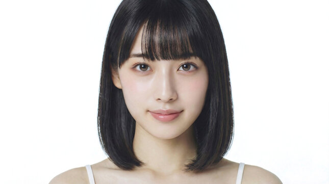 白いキャミソール姿で正面から微笑む日本人女性