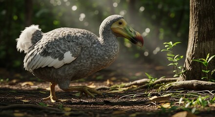 Obraz premium Gray duck walking on forest floor.