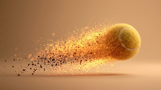 A dynamic close-up of a tennis ball disintegrating into particles, showcasing motion and energy against a warm-toned background.
