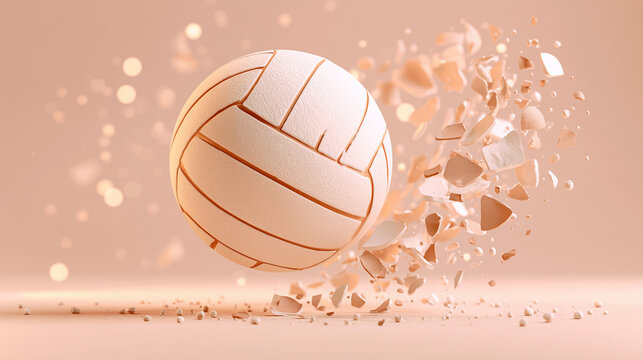 A volleyball suspended in mid-air with a dynamic effect of shattering fragments around it on a soft pink background.