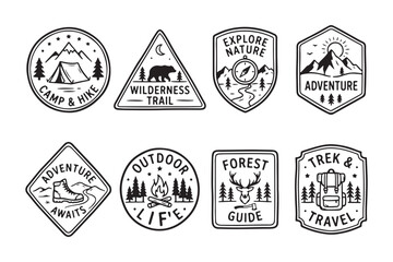 Black and white vector set of outdoor adventure badges and labels with nature and travel themes © DreamStudio46