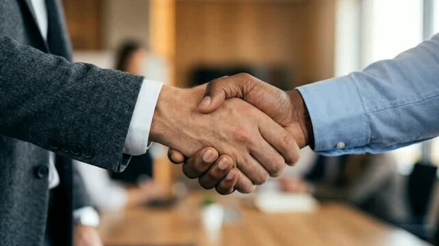 Firm handshake of agreement: A close-up shot captures the handshake between two business people, signifying a successful negotiation and a strong partnership.