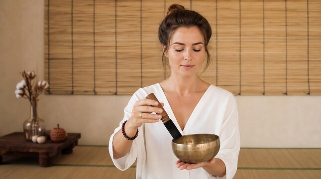 Woman practicing sound healing with Tibetan singing bowl.