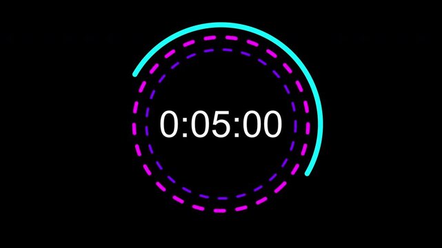 10 second countdown timer sequence with white number text glowing from 10 to 0 with cyan and magenta circle elements. Circle countdown timer 10 sec on black background 4K UHD