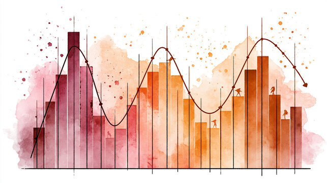 Watercolor illustration of a declining and rising bar graph with a fluctuating line, featuring tiny human figures climbing and descending the bars.