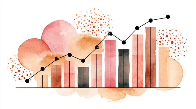 Watercolor-style bar chart and line graph combined, featuring warm tones with abstract circular and dotted background elements.