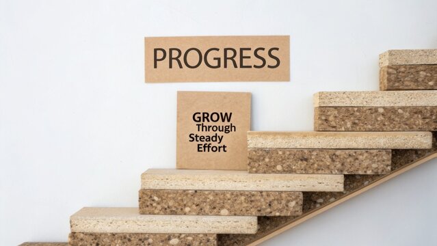 Inspirational words on staircase symbolizing achievement and growth through steady effort in personal development journey