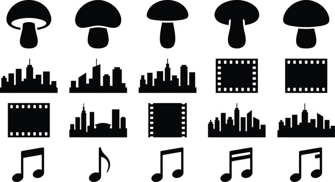 Set of music notes, city skyline silhouettes, and film frames
