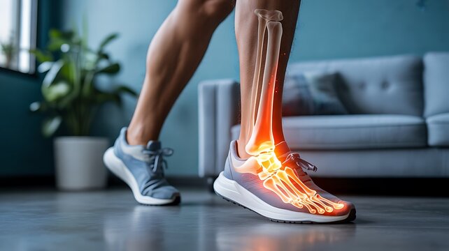 Glowing ankle pain concept showing inflammation in human lower leg during fitness activity