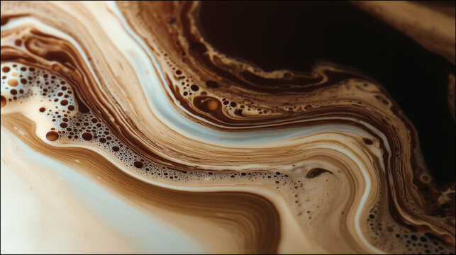Abstract swirling patterns of brown and white liquids, resembling coffee and milk or chocolate.