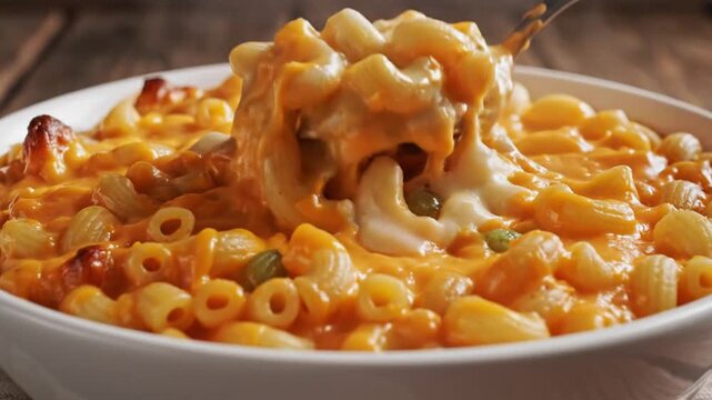 A spoon scoops macaroni and cheese from a white bowl on a table.
