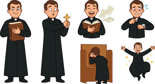 Catholic Priest Cartoon Character Set Showing Different Emotions and Activities Including Preaching, Praying, Confession, and Holding Holy Bible Vector Illustration