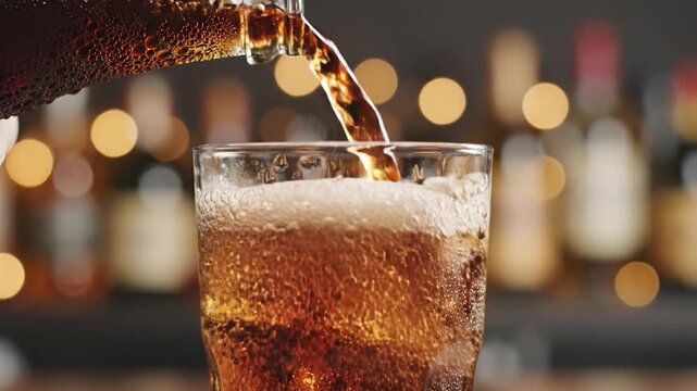 Refreshing dark soda is poured into a glass with ice cubes