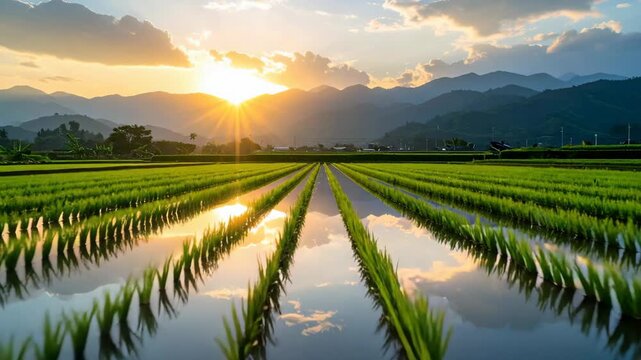 Golden sunset over lush green rice paddies reflecting sky and mountains