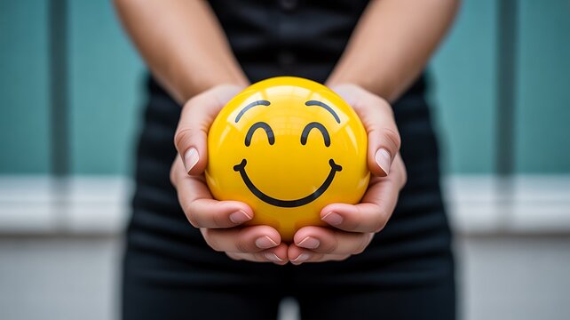 Hands holding smiling face symbol representing happiness positivity and emotional wellbeing