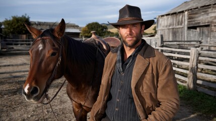Obraz premium Self assured cowboy standing proudly beside his horse in a charming rural landscape beneath a bright blue sky