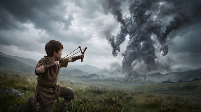 Boy Aiming Slingshot at Massive Cloud Giant Fantasy Concept