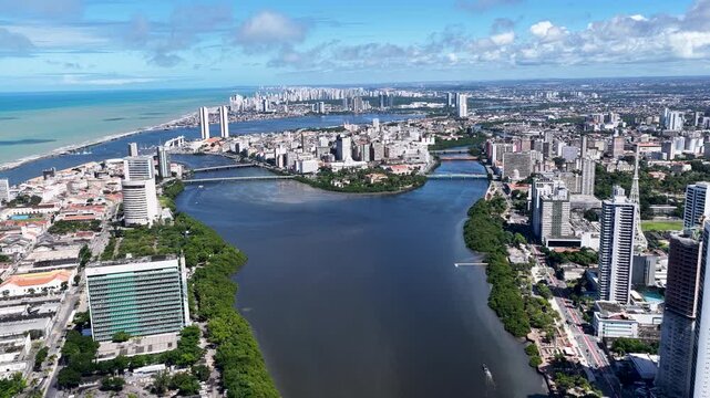 Recife Skyline In Recife Pernambuco Brazil. Aerial View Of A High-Rise Buildings And Traffic Showcasing Urban Life. Business Sky Downtown Cityscape. Drone View Downtown Famous. Recife Pernambuco.