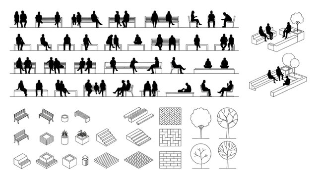 Architectural human silhouette entourage collection featuring walking family child senior citizen