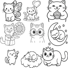 Fototapeta premium Adorable kawaii cat character collection for coloring and craft