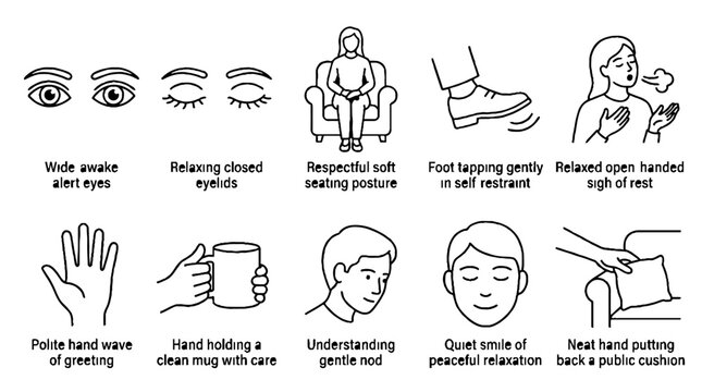 Collection of line art icons showing positive body language and respectful social gestures.
