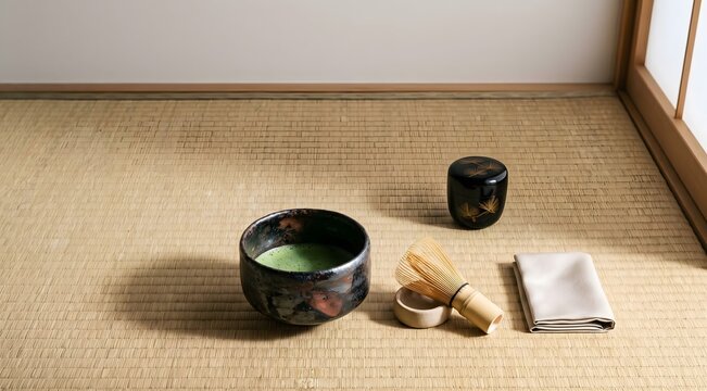 Elevated 45-degree angle shot of a complete minimalist Japanese tea ceremony arrangement: handmade raku chawan with rich iron-glaze texture containing bright green matcha.