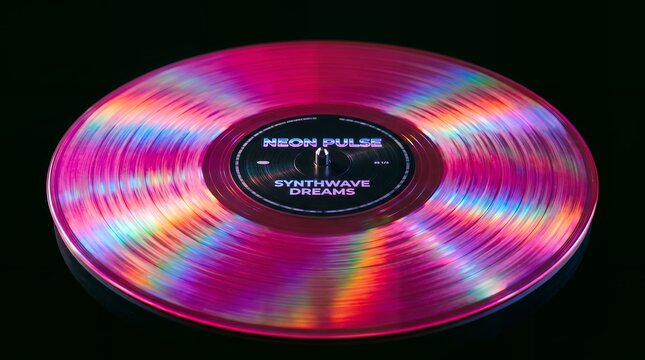 Vibrant Neon Pink Vinyl Record Rotating with Holographic Reflections on Dark Background