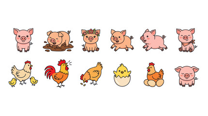 Cute Farm Animals: Pigs and Chickens Cartoon Collection © Roni