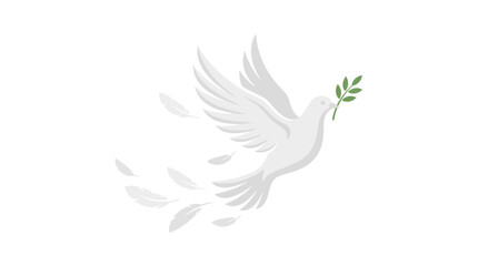 Fototapeta premium White Dove Flying With Olive Branch and Feathers