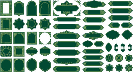 Set of ornate green and gold islamic style frames and decorative label banners for religious invitations with arabesque ornamental decorative elements traditional graphics © Golzar
