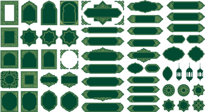 Set of ornate green and gold islamic style frames and decorative label banners for religious invitations with arabesque ornamental decorative elements traditional graphics