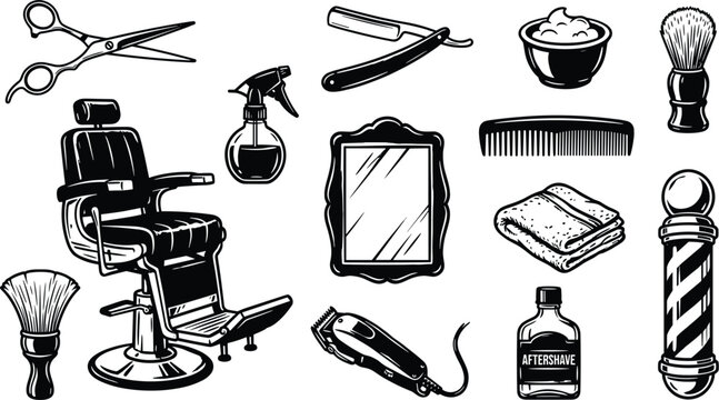 Vintage barbershop icons and gentleman grooming tools collection with classic chair barber pole scissors and straight razor isolated on white background