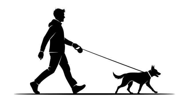 Man walking dog on leash silhouette