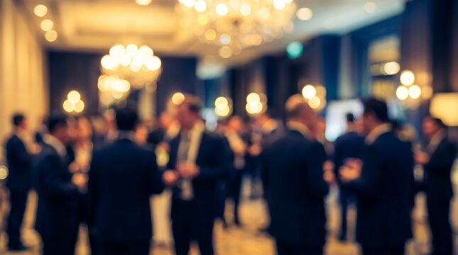 A blurry photograph depicting a crowd of people in a ballroom with ornate chandeliers and warm lighting gathering group event reception