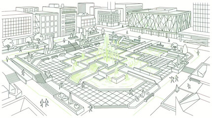 Urban Plaza Design Concept with Green Spaces and Modern Buildings © roziah