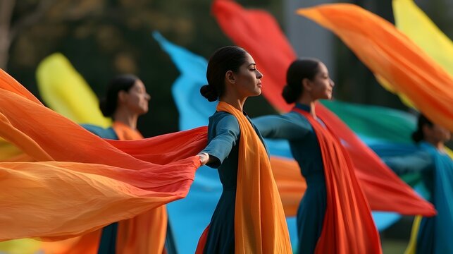 Vibrant colorful banners wave during a lively dance performance creating an emotional and dynamic scene