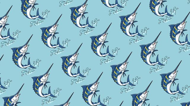 Seamless pattern of cartoon sailfish illustrations on light blue background