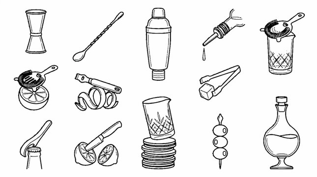 Professional Bartender Tools and Cocktail Equipment Line Art Illustration Set.