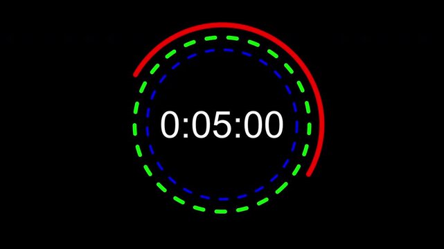 10 second countdown timer sequence with white number text glowing from 10 to 0 with red green blue circle elements. Circle countdown timer 10 sec on black background 4K UHD