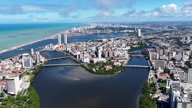 Recife Skyline In Recife Pernambuco Brazil. Tropical River With A Scenic Forest Trees Viewed From Above. Town Sky Background Backgrounds Urban. Town Panoramic City. Recife Pernambuco.