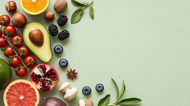 Fresh colorful fruits and vegetables arranged on pastel background