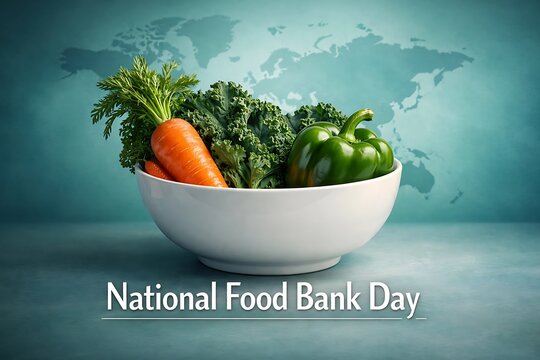 Fresh vegetables including a carrot, kale, and green bell pepper in a white bowl, set against a blue map background, for food bank day