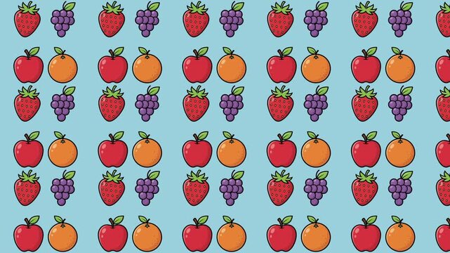 Colorful pattern of apples, oranges, strawberries, and grapes on blue background