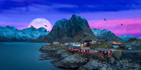 Fototapeten Polarkreis night view of the mountains of lofoten, in a winter evening  © Baki