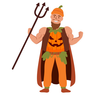 man in pumpkin costume holding trident and wearing brown