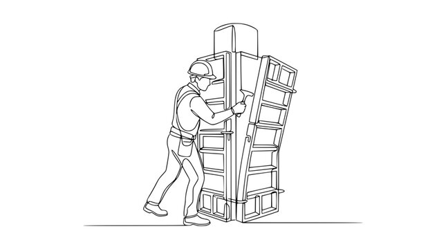 Construction worker assembling concrete formwork for column building