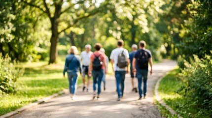 Obraz premium A blurred photograph depicting a group of people walking along a winding path in a lush green park background outdoor trees