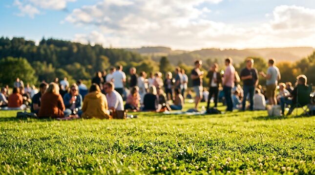 A blurred group of people relaxing on a grassy field with a scenic background in daylight gathering crowd community socializing leisure